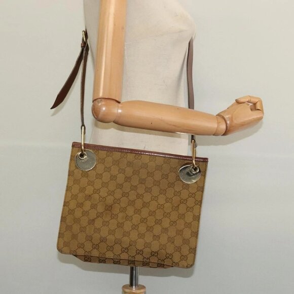 GUCCI GG Canvas Shoulder Bag Beige Gold Auth - Picture 1 of 16